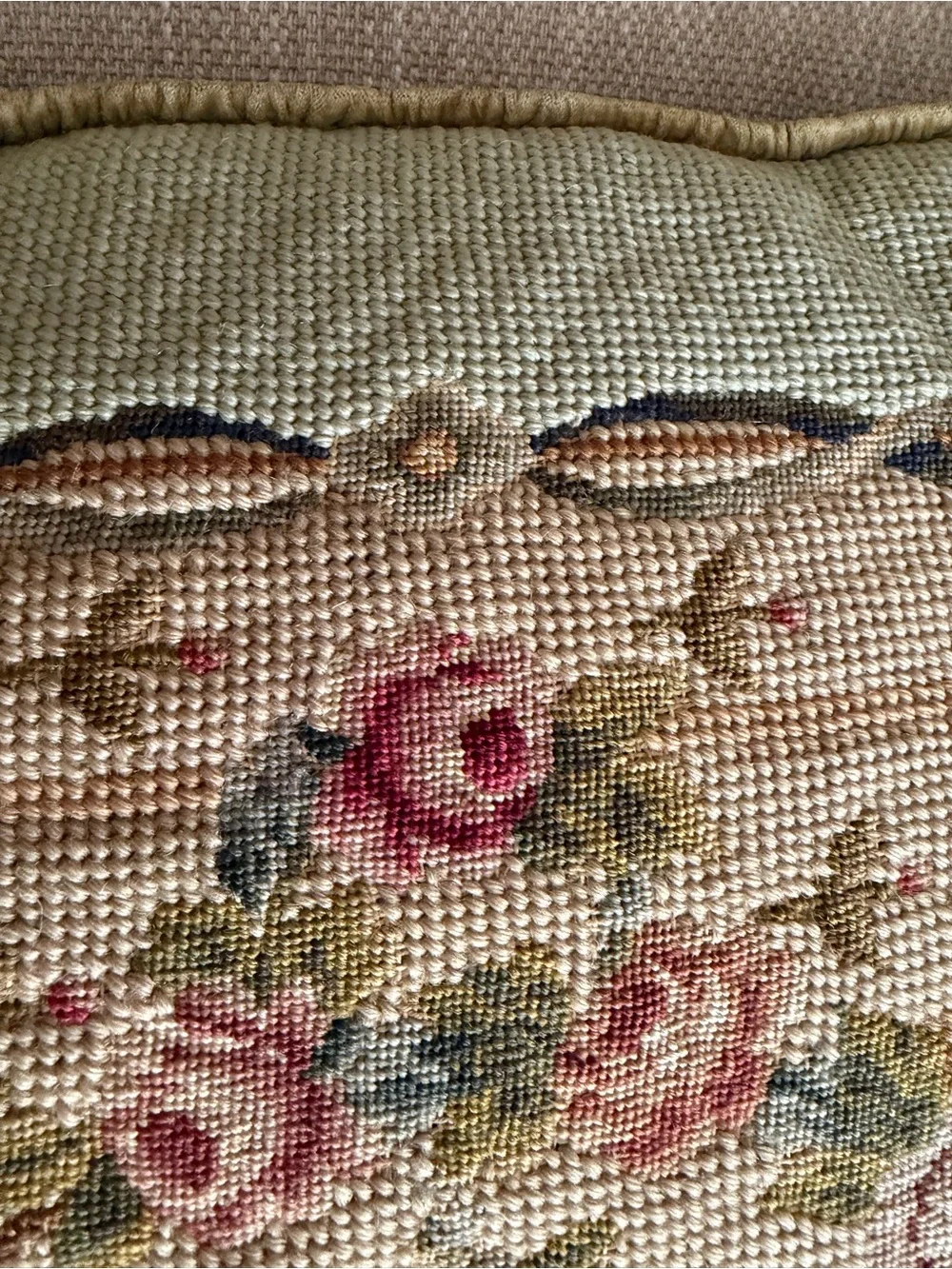 Pair Antique French PILLOW Cushions large needlepoint petitpoint roses